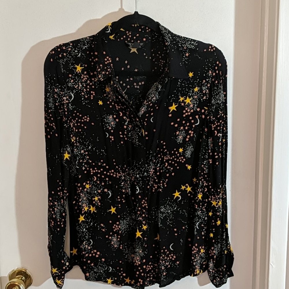 Topshop Black Star Moon Print Button Down Shirt